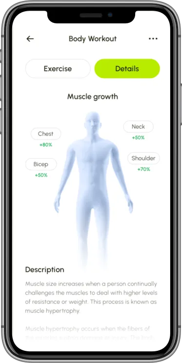 Body workout app with muscle group tracking and exercise details