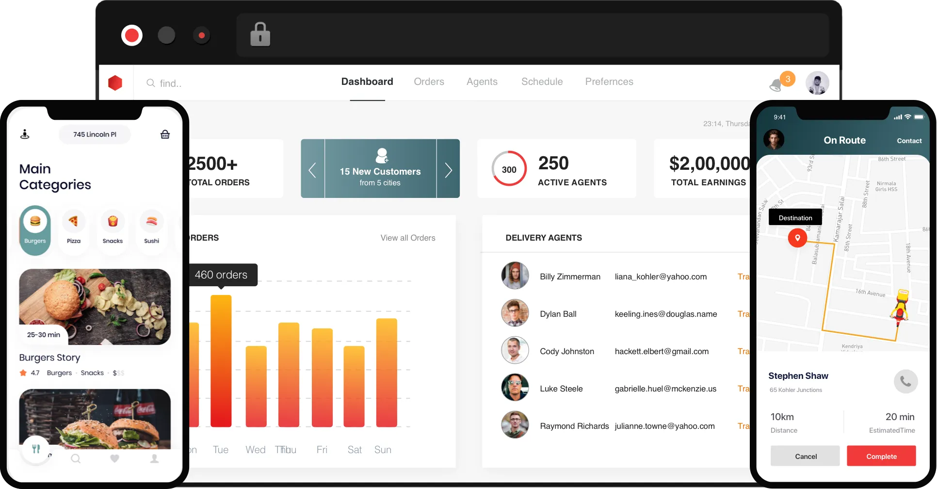 DoorDash clone app technology suite — customer app, admin dashboard, and driver app screens