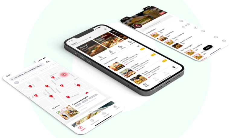 Deliveroo-style food delivery app mockup screens showing restaurant listings, map tracking and food ordering interface