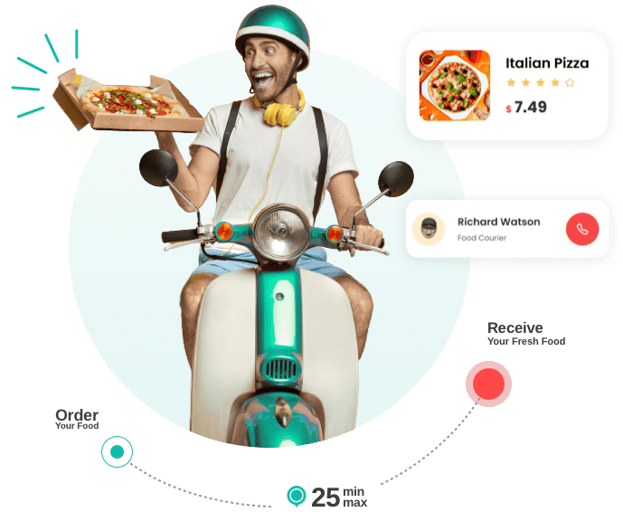 Deliveroo clone app development — delivery rider on scooter with food order and app UI overlays