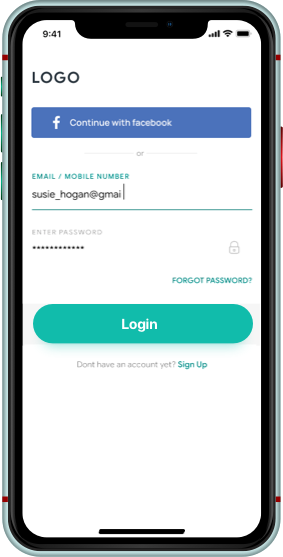Deliveroo clone customer app — social media login screen with Facebook sign-in and email/password option