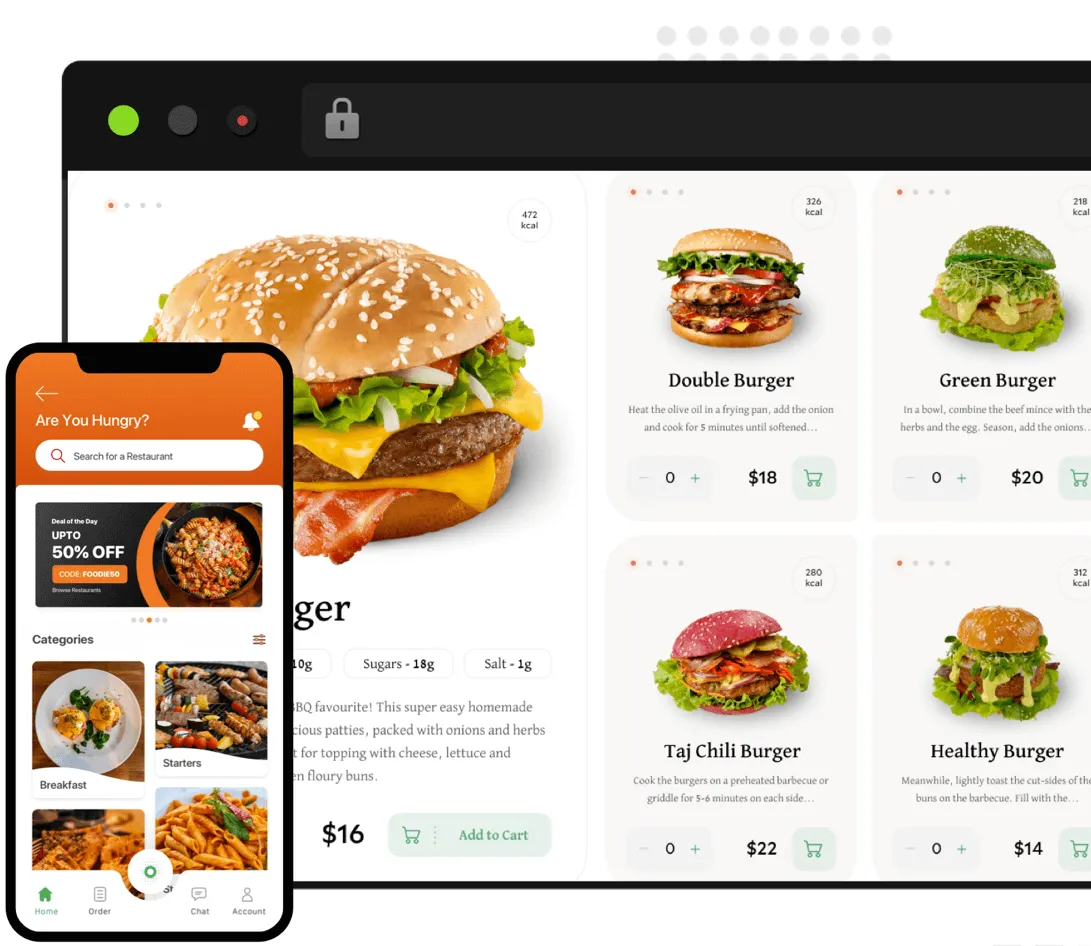 Food delivery app mockup showing mobile and desktop interface