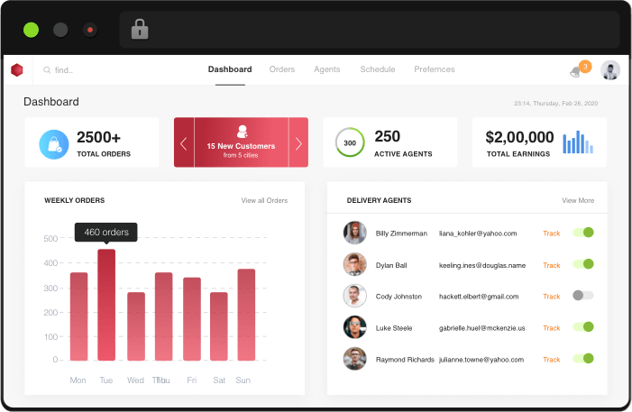 Admin dashboard for Zomato-like food delivery platform showing orders, agents, earnings and delivery tracking