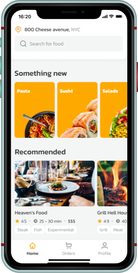 Deliveroo clone advanced search screen — food search bar, cuisine category tiles and recommended restaurant listings