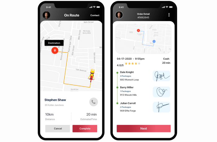Delivery agent app for Zomato-like food delivery platform showing route navigation, order details and earnings tracking