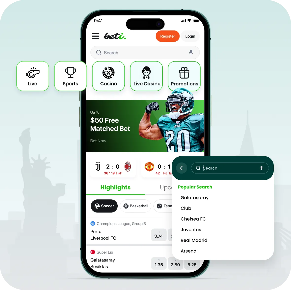 Sports betting app development — sportsbook with live odds soccer basketball tennis and highlights