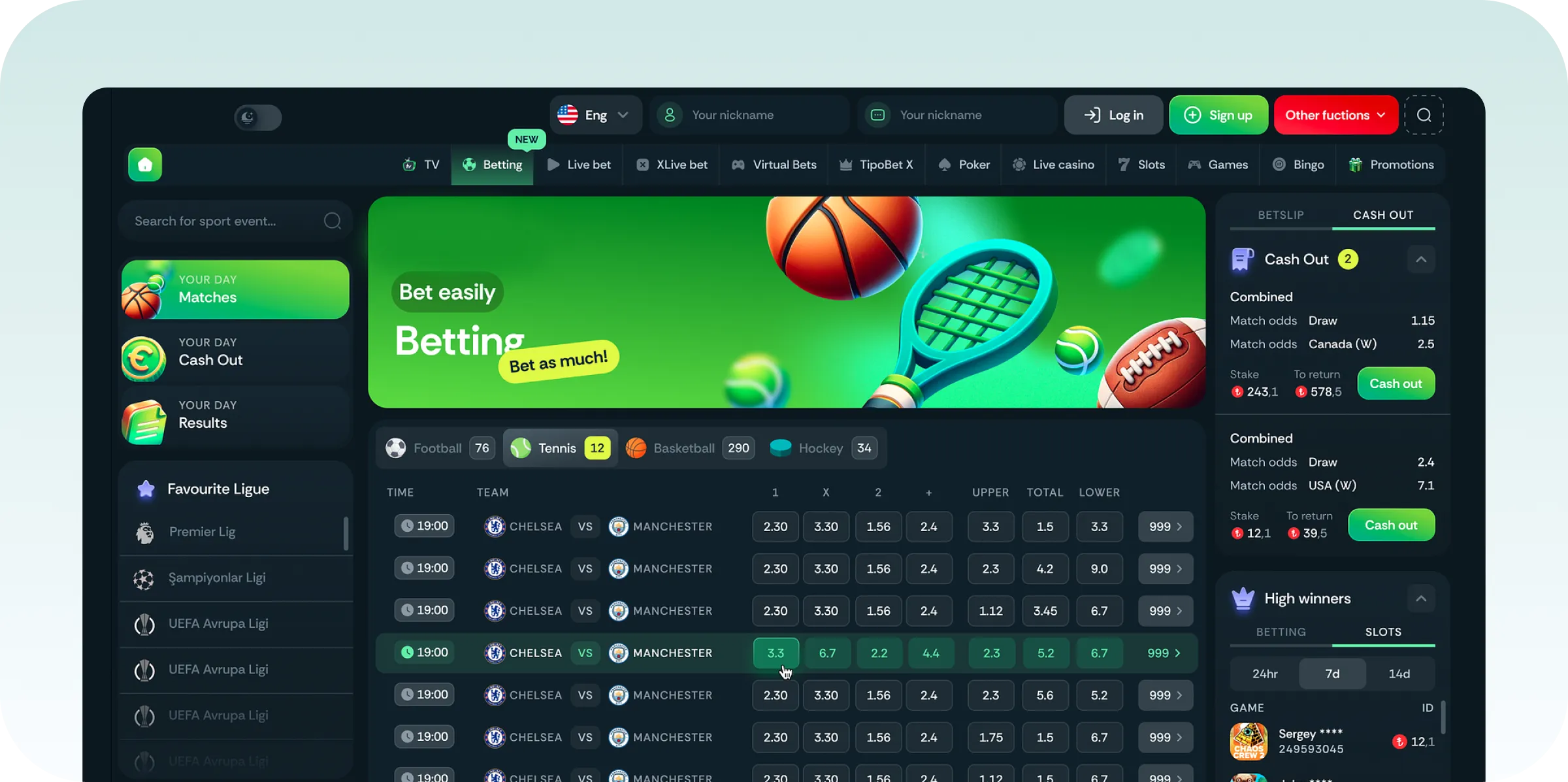 Sports betting bookie panel — live odds management betshop dashboard deposits withdrawals and player analytics
