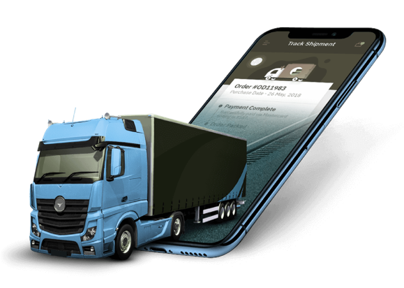 Branded customer logistics app — truck and mobile phone showing shipment tracking screen