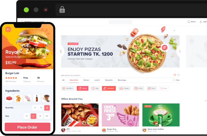 Customer ordering app and website for Zomato-like food delivery platform showing menu browsing and order placement