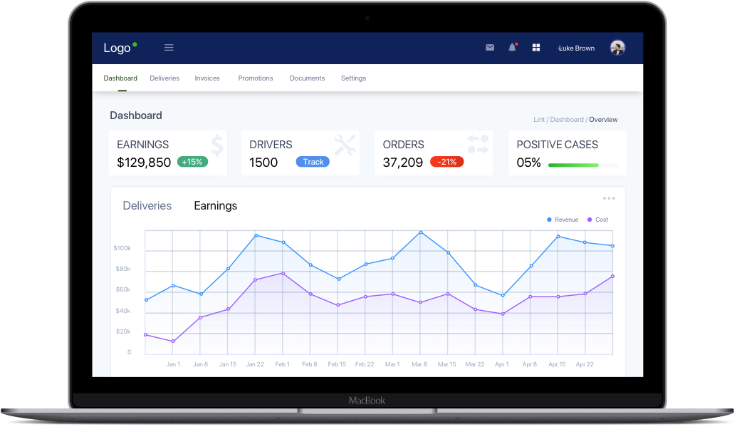 Custom logistics delivery platform dashboard showing earnings, drivers, orders and revenue trends on a MacBook
