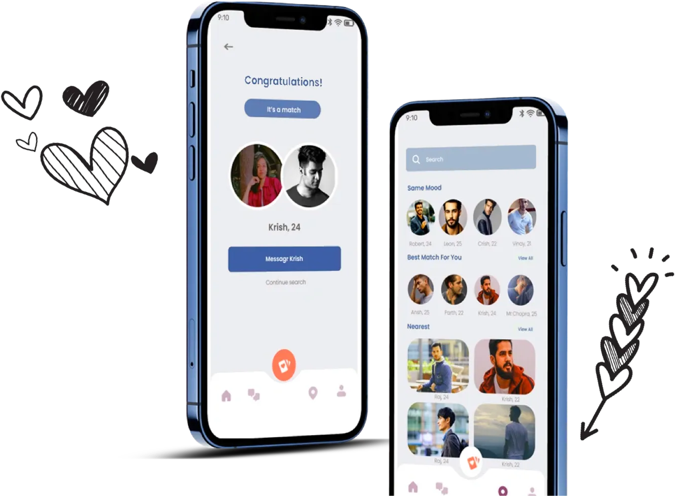 Dating app match screen and discover feed — congratulations it's a match UI