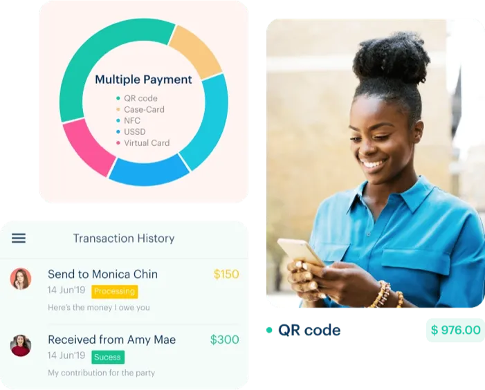 Digital wallet app features — multiple payment methods QR code NFC transaction history and real-time transfers
