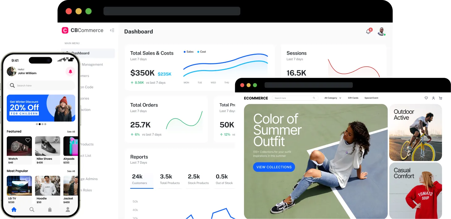 Ecommerce dashboard and mobile app — total sales, orders, product management and storefront