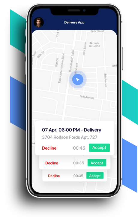 Easy-to-use driver delivery app — map with live location and order accept/decline notifications on iPhone