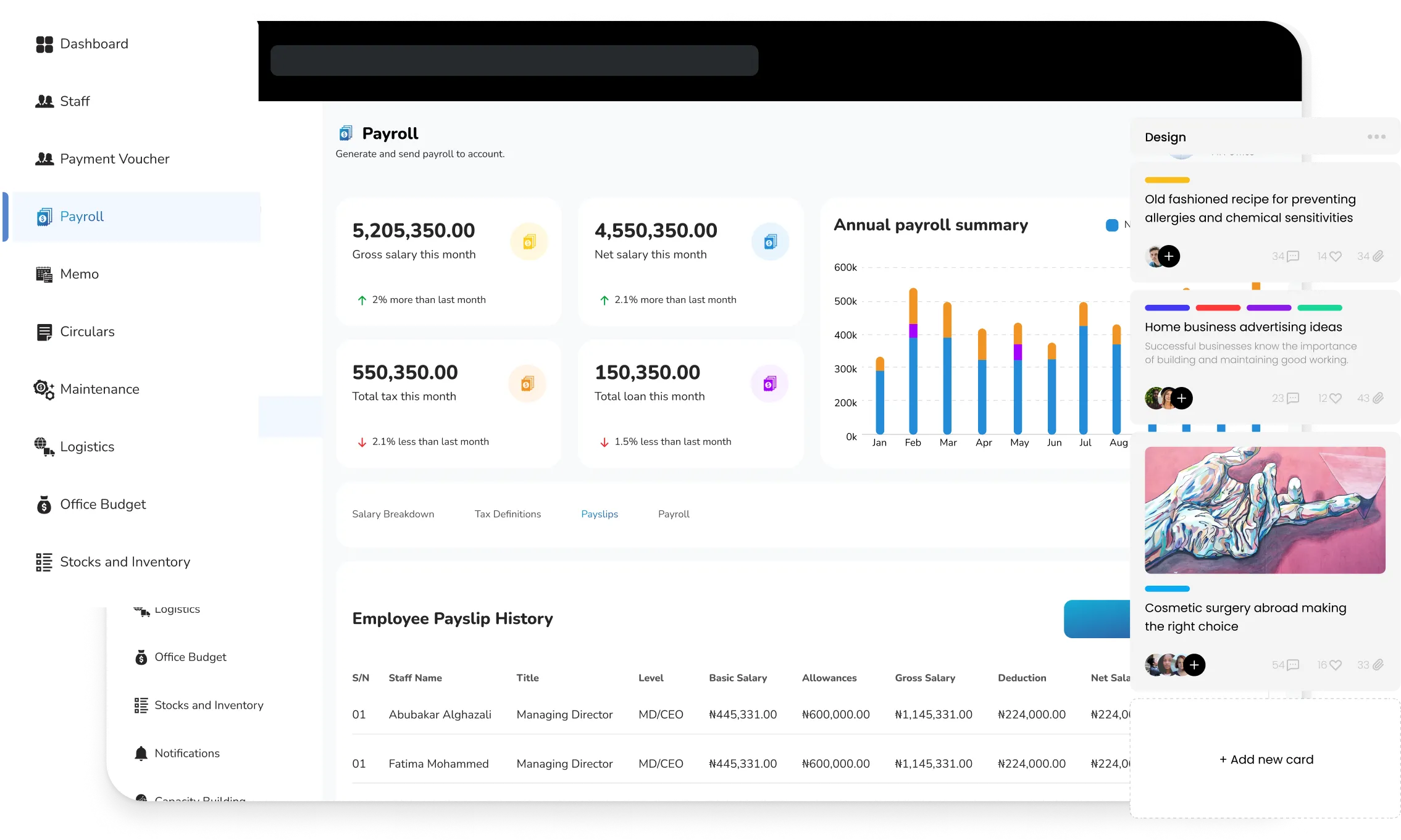 Custom ERP software demo — payroll management, staff records, inventory, and analytics dashboard