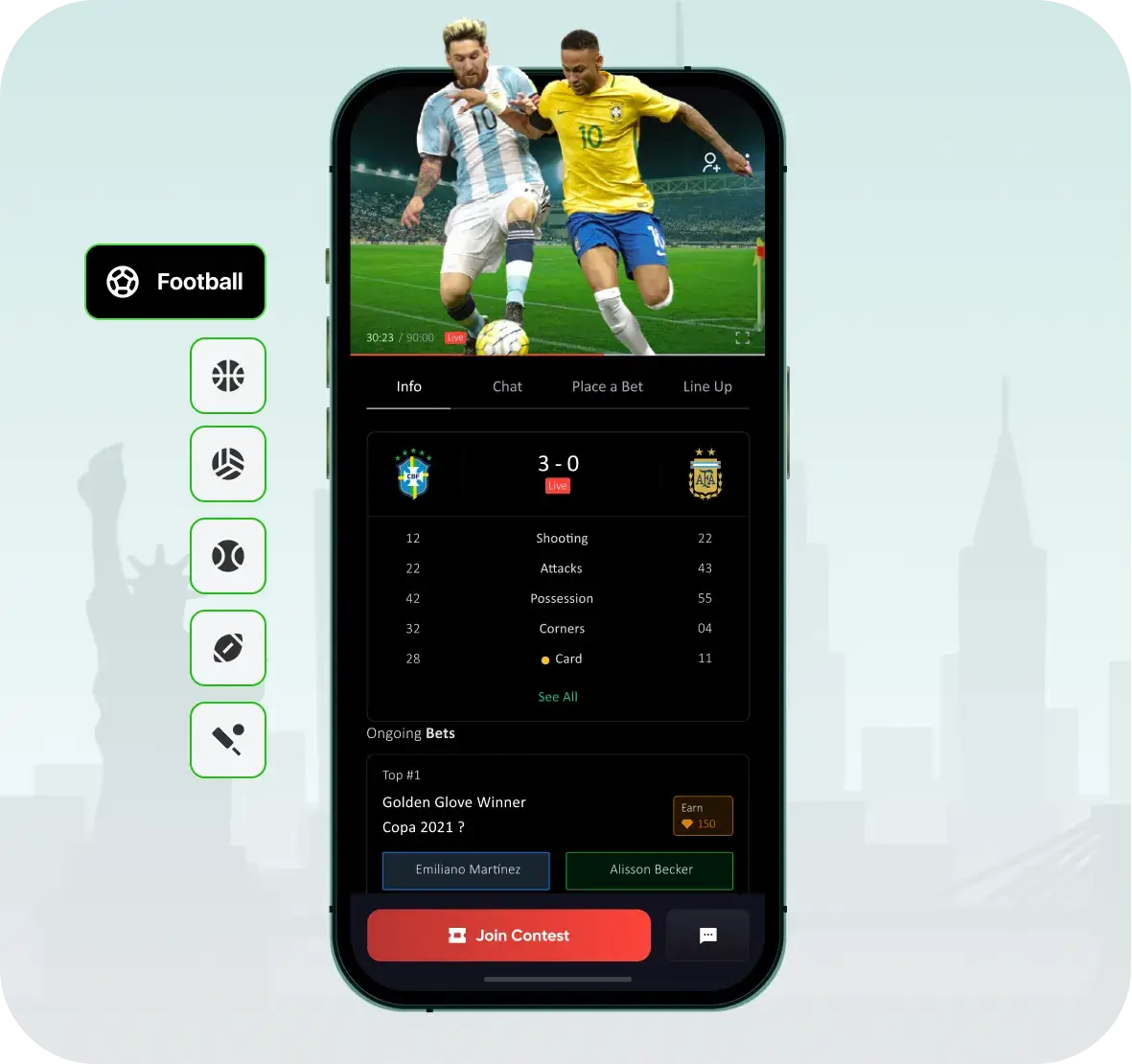 Fantasy sports app development — live match betting interface with football stats and contest entry