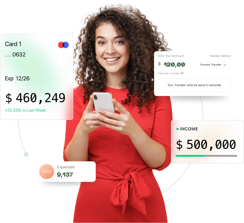 Financial software development services — FinTech app with card management, income tracking, and instant transfers