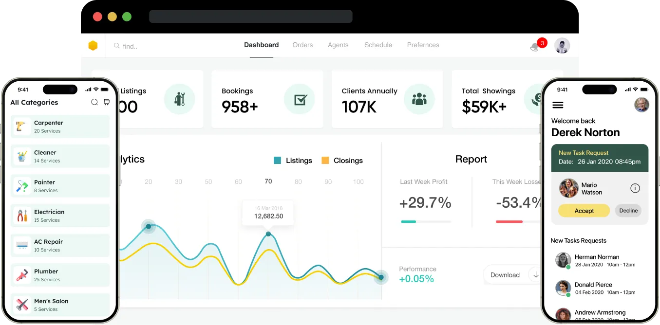 Home services app demo screens — customer app, admin dashboard and service provider app for on-demand marketplace