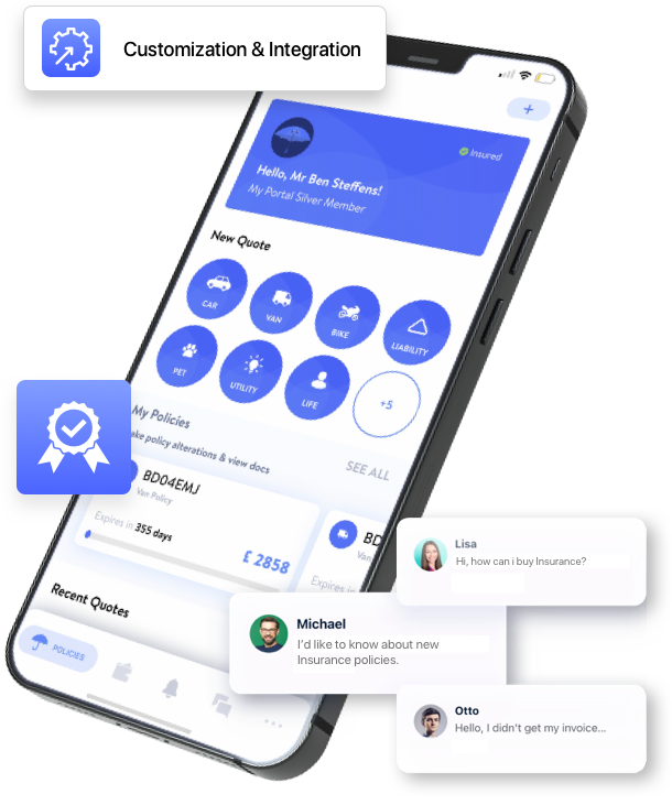 Custom insurance app with policy management customization and third party integrations