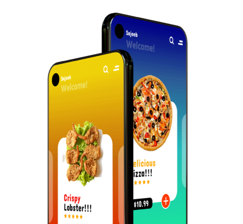 Two food delivery app welcome screens showing branded restaurant listings for crispy lobster and pizza