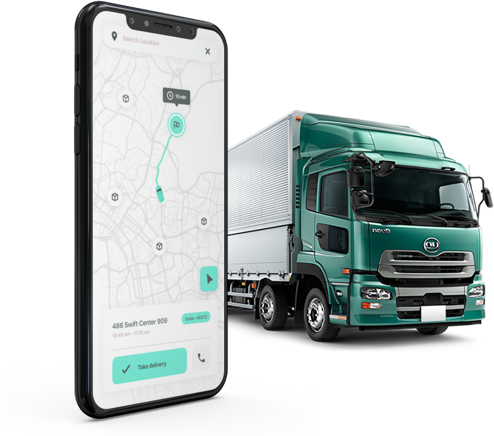 Logistics delivery app — real-time fleet tracking on mobile with delivery truck, on-demand courier platform