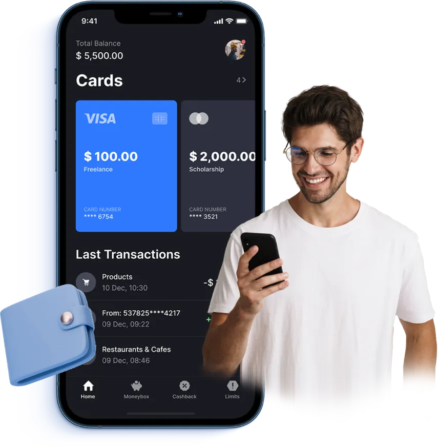 Mobile digital wallet app — card management, transaction history, cashback and balance tracking