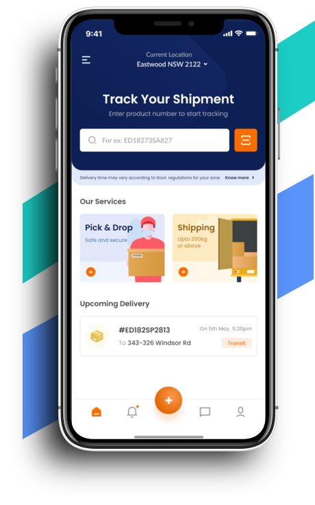 Logistics mobile app — shipment tracking screen with pick & drop, shipping services and upcoming delivery on iPhone