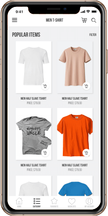 Mobile ecommerce app — men's t-shirt store product listing