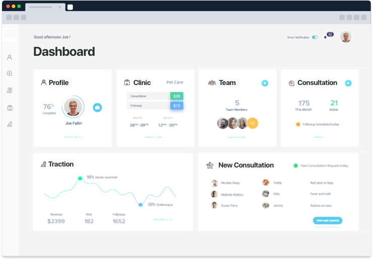 Practo clone admin dashboard showing doctor profiles, clinic schedules, consultation stats, revenue tracking and new appointment requests