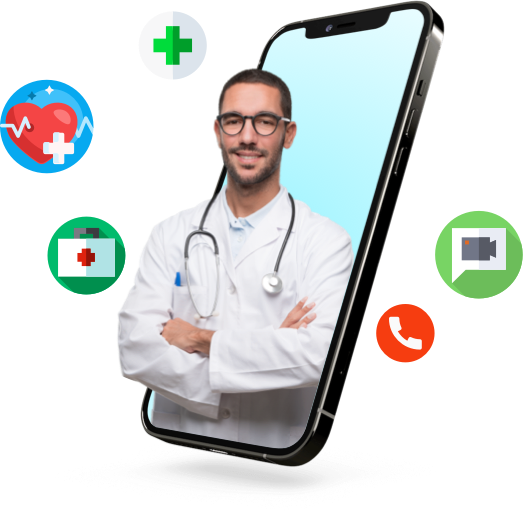 Doctor using a Practo clone telemedicine app on mobile — online healthcare consultation platform built by Lenawa