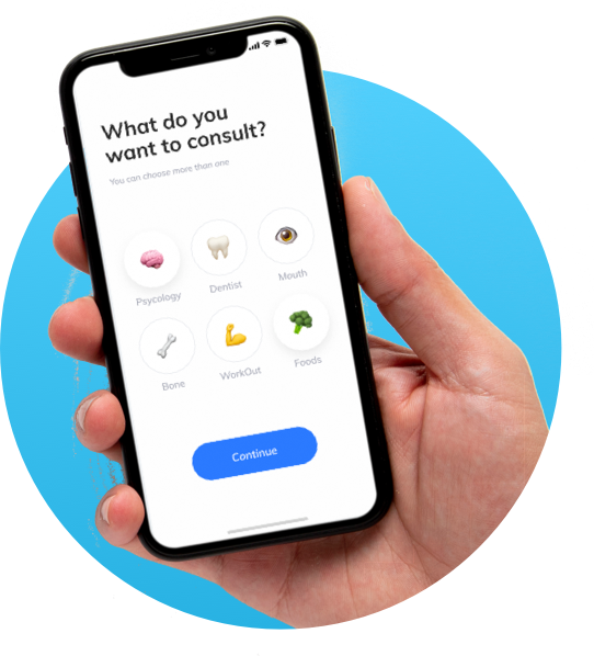 Practo clone multi-specialty app screen — patient choosing a health speciality like Dentist, Psychologist or Bone on a branded mobile app