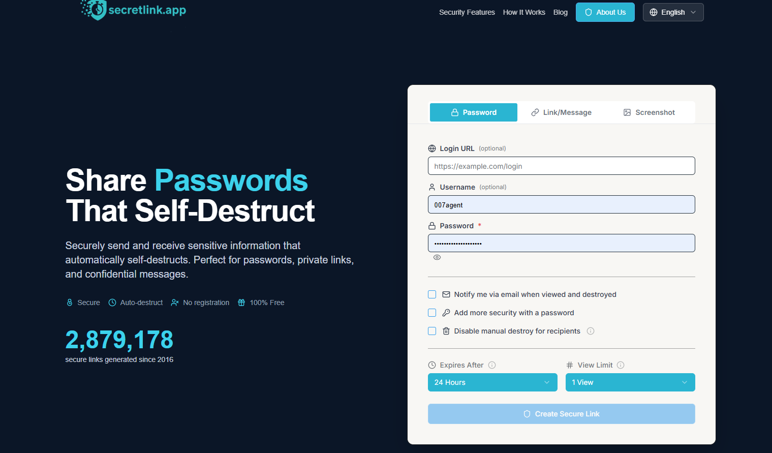 Secret Link — secure self-destructing link creator