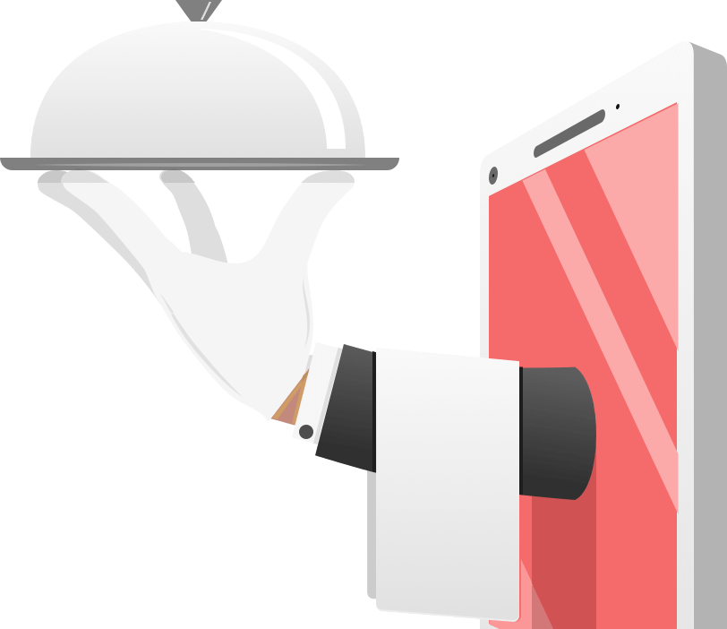 End-to-end food delivery technology platform illustration showing waiter serving via smartphone
