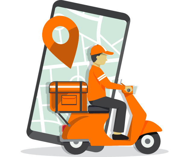 Food delivery rider on scooter with mobile app