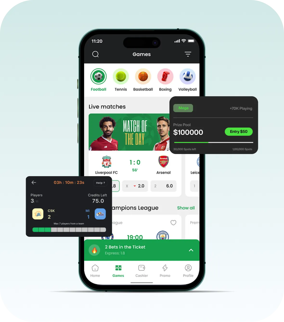 Fantasy sports betting app user interface — live matches team selection and prize pool features
