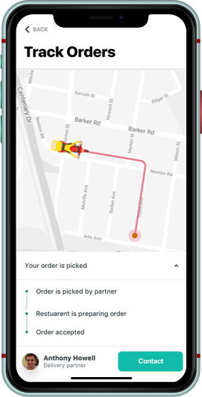 Deliveroo clone real-time order tracking screen — live map with delivery route, order status steps and delivery partner contact