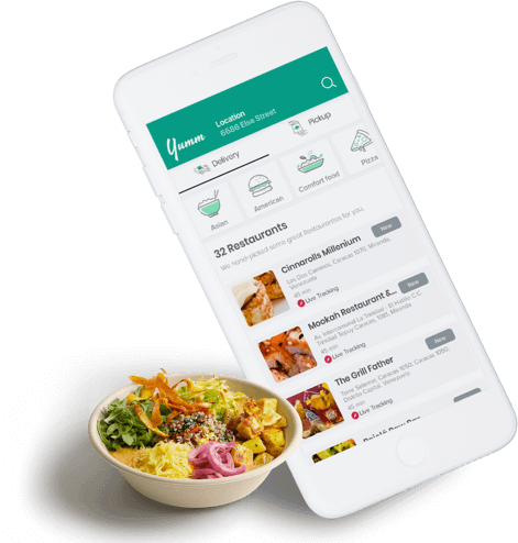 Zomato-like food ordering platform app interface showing restaurant listing and delivery tracking
